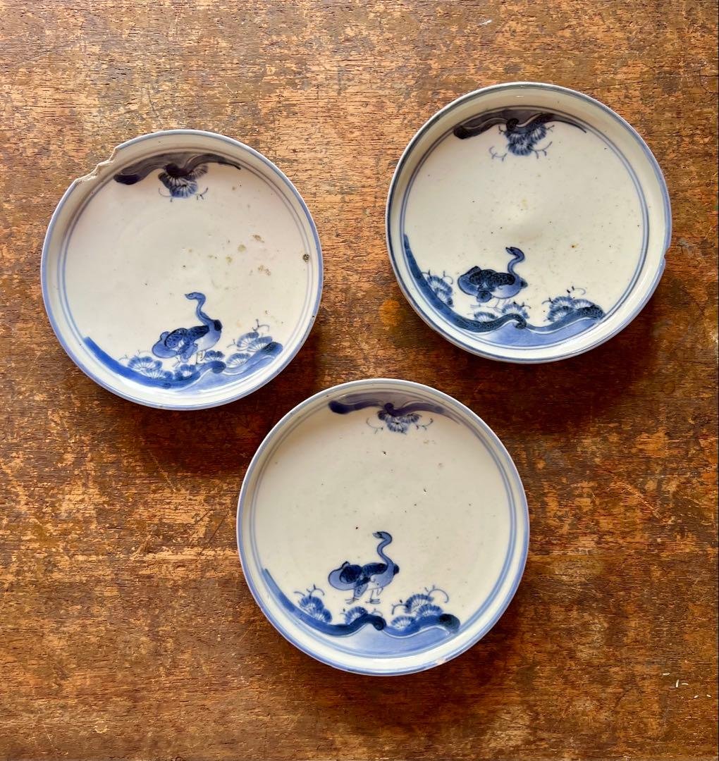 時代　古染付　雁の図　傷３枚セット　古伊万里　染付　食器　金直し練習用　古道具
